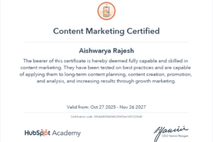 Best freelance digital marketer in trivandrum Hubspot Content Marketing cerrtificate